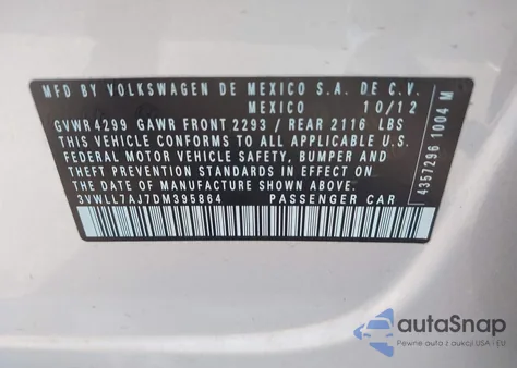 2013 Volkswagen Jetta 2.0L Tdi z USA, uszkodzony, nr VIN 3VWLL7AJ7DM395864